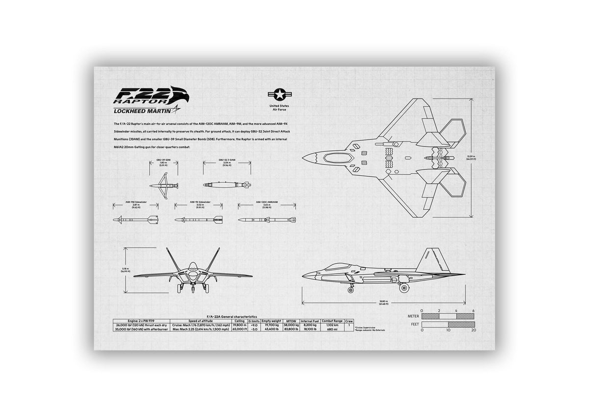 Lockheed Martin F/A-22 Raptor Landscape Blueprint Poster