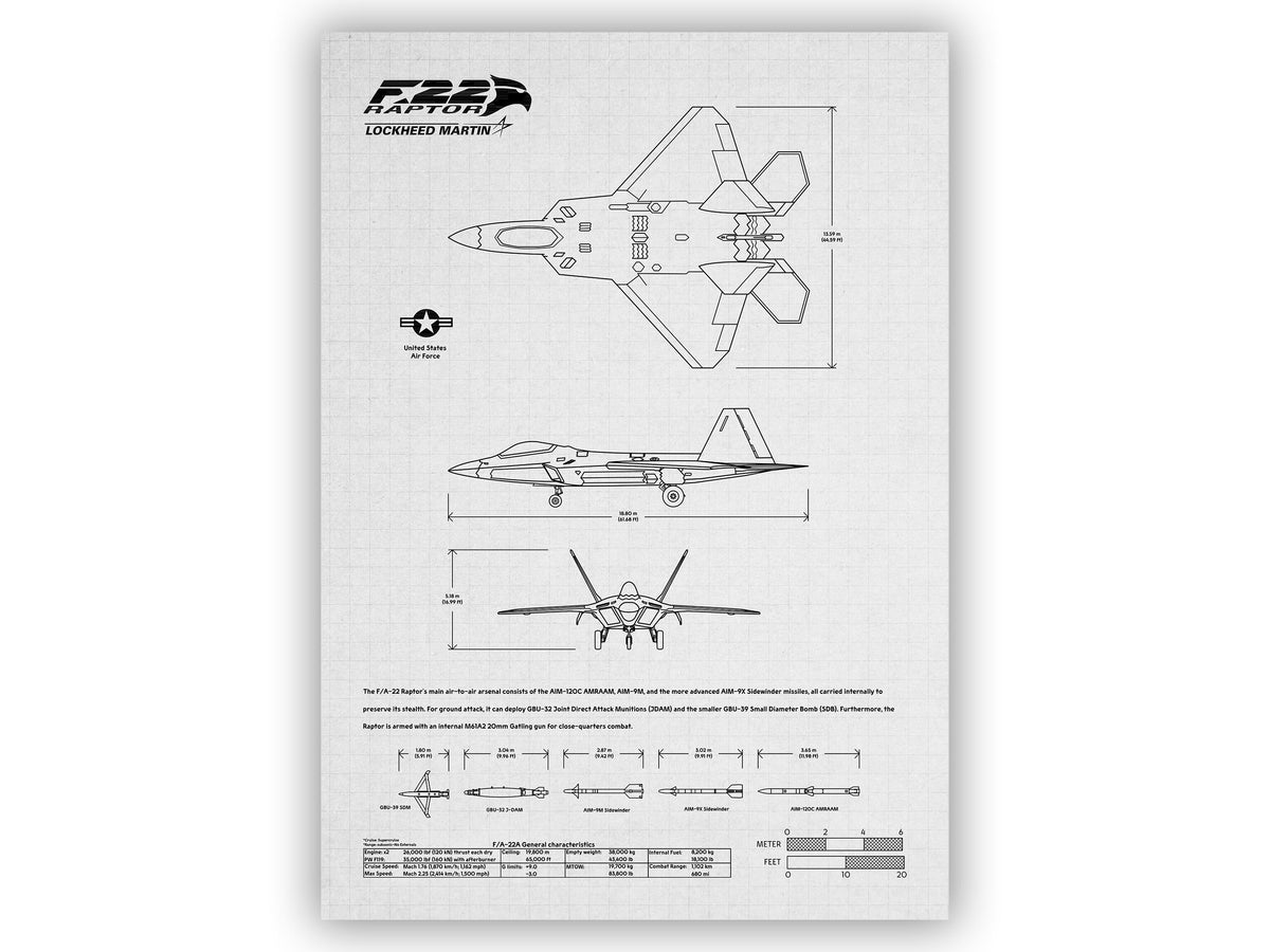 Lockheed Martin F/A-22 Raptor Portrait Blueprint Poster