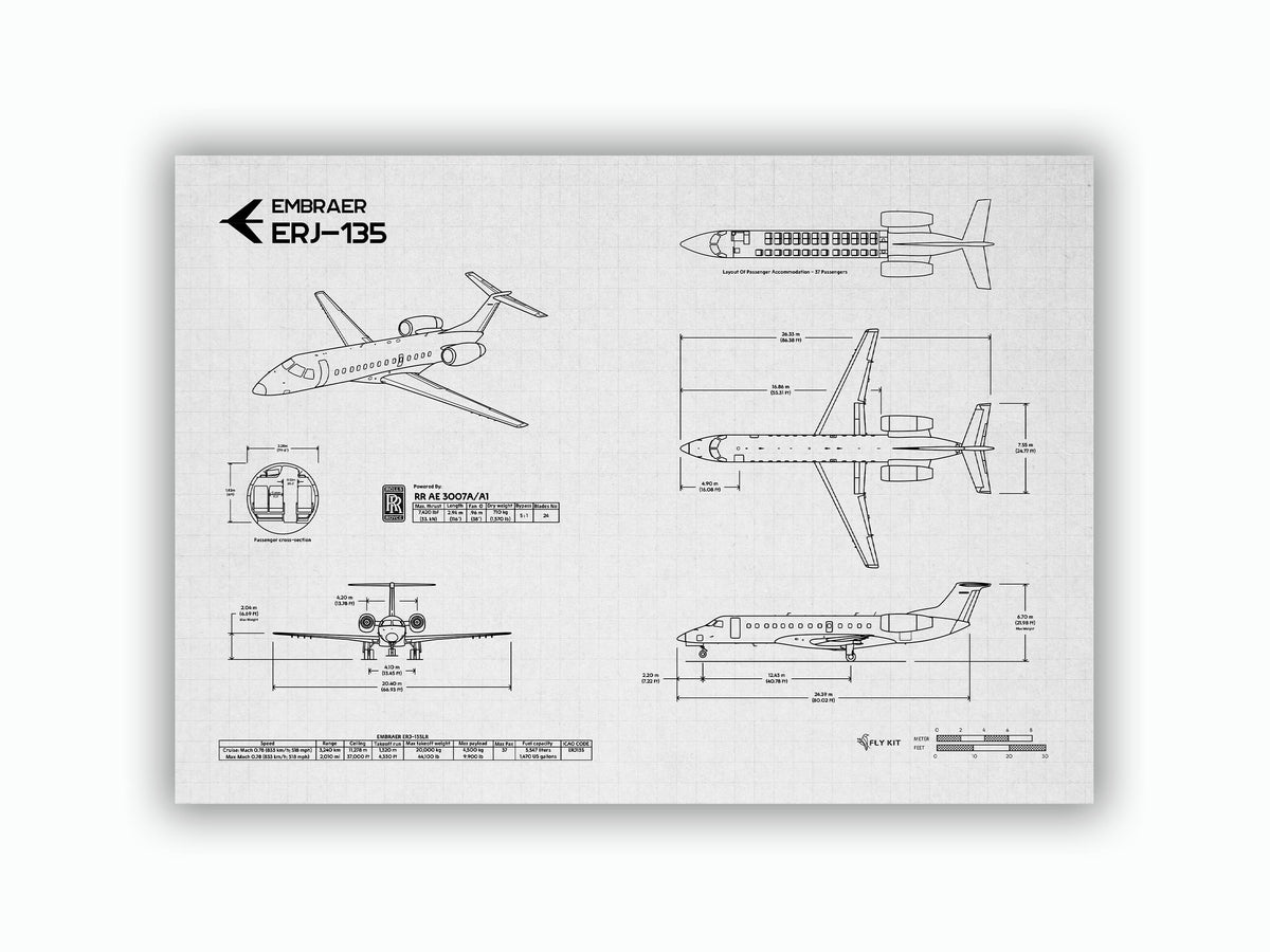 Embraer ERJ-135 Landscape Blueprint Poster