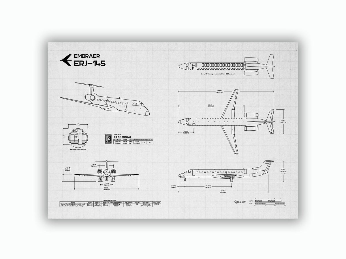 Embraer ERJ-145 Landscape Blueprint Poster