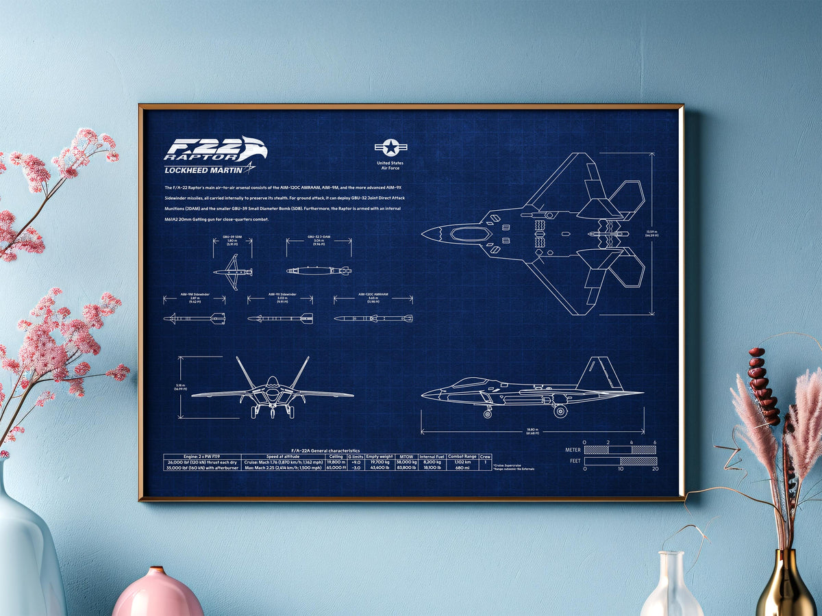 Lockheed Martin F/A-22 Raptor Landscape Blueprint Poster