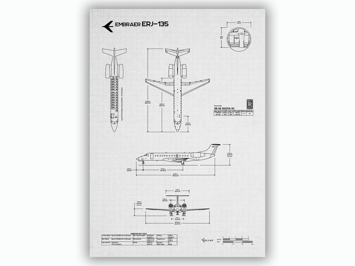 Embraer ERJ-135 Portrait Blueprint Poster