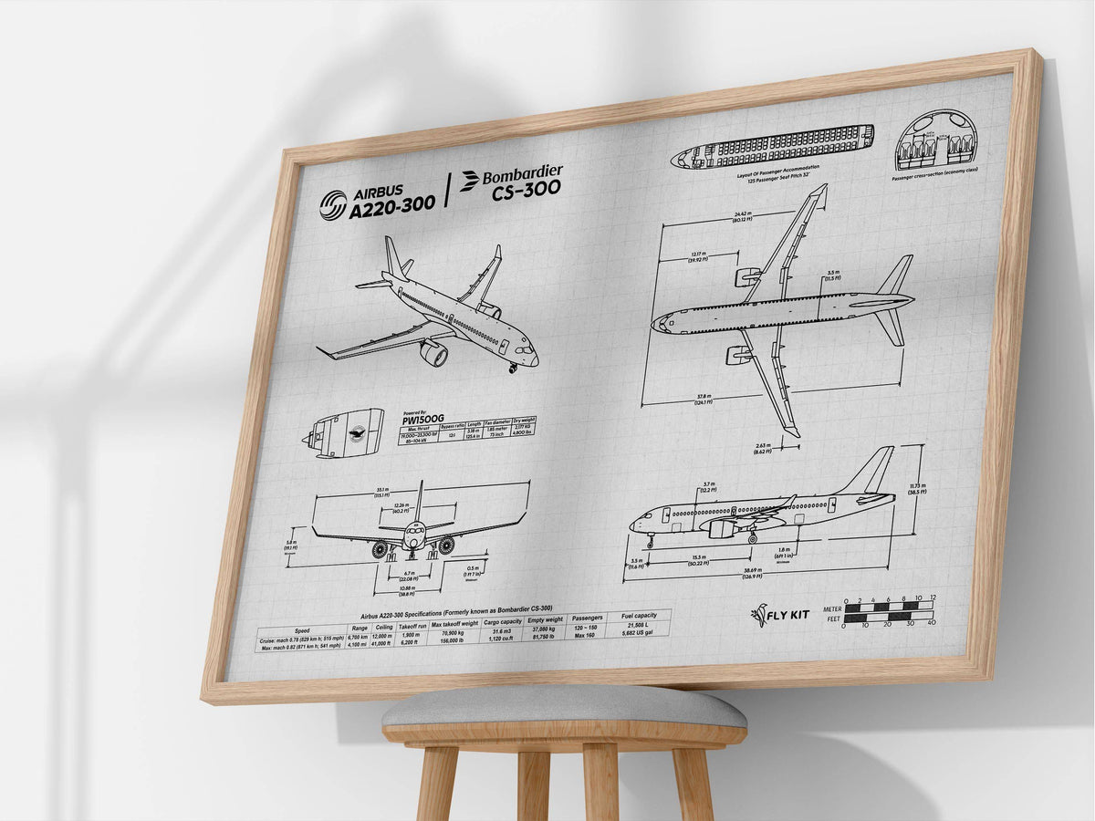 Airbus A220-300 Landscape Blueprint Poster by FlyKit showing detailed aircraft technical drawings