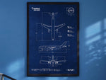 FlyKit Airbus A300-600 Portrait Blueprint Poster showing detailed technical airplane diagrams in white lines on blue background