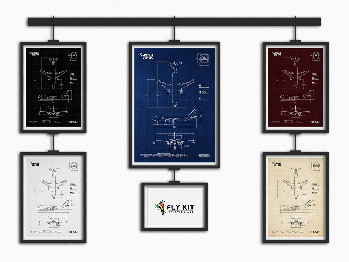 Airbus A300-600 Portrait Blueprint Poster by FlyKit showcasing detailed aircraft design in multiple color variants