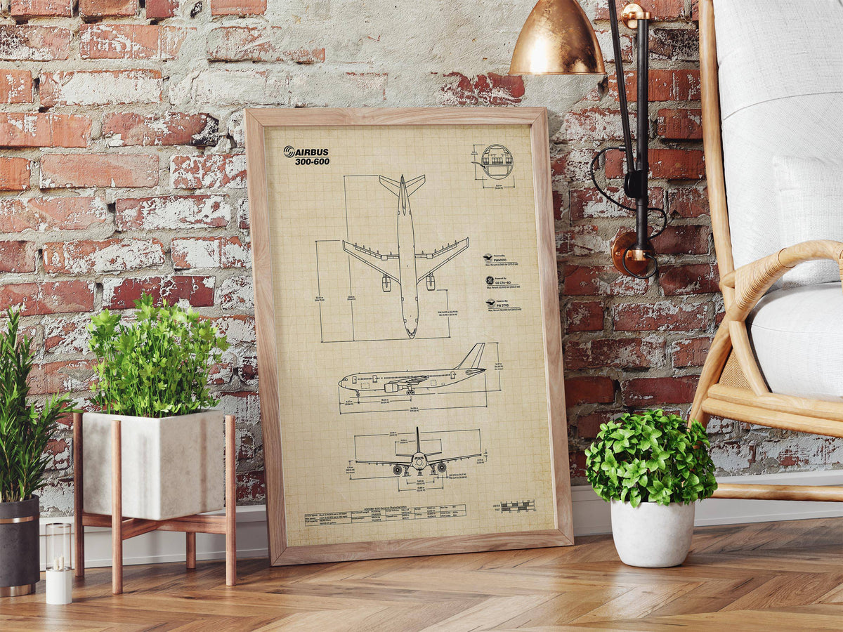 Airbus A300-600 Portrait Blueprint Poster by FlyKit displayed leaning against rustic brick wall in stylish living room