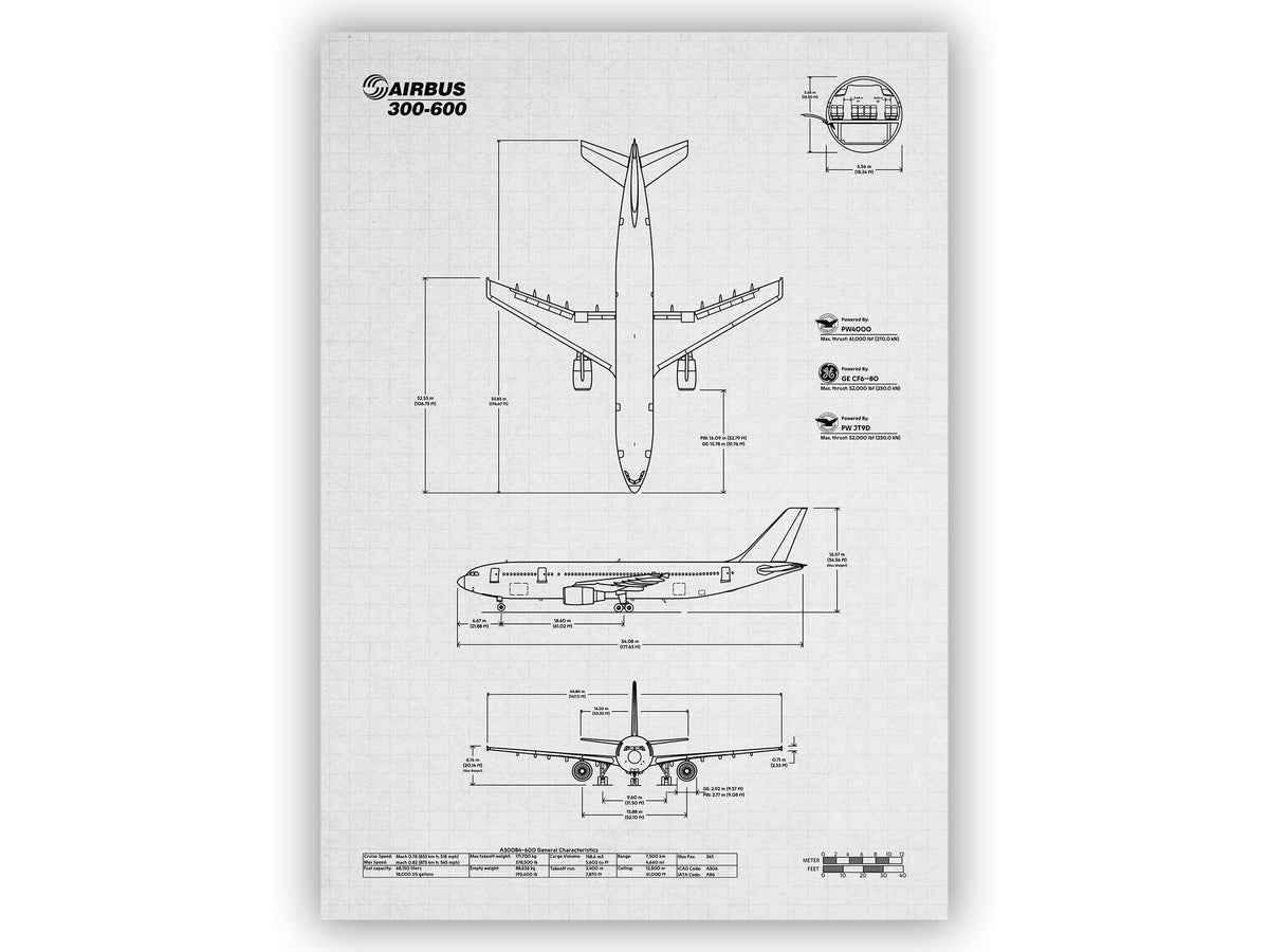 FlyKit Airbus A300-600 Portrait Blueprint Poster showing detailed aircraft dimensions and design blueprints