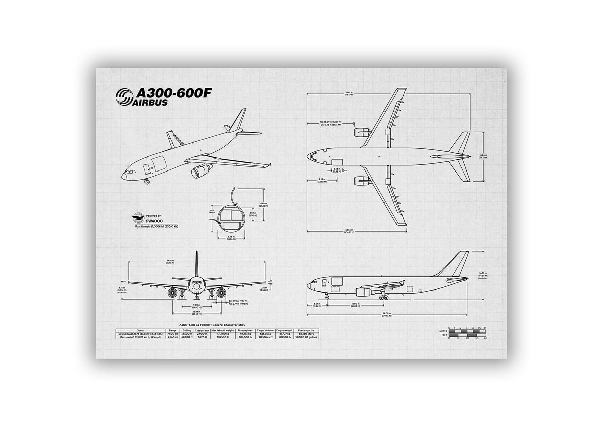 Airbus A300-600F Landscape Blueprint Poster by FlyKit showing detailed aircraft technical drawings