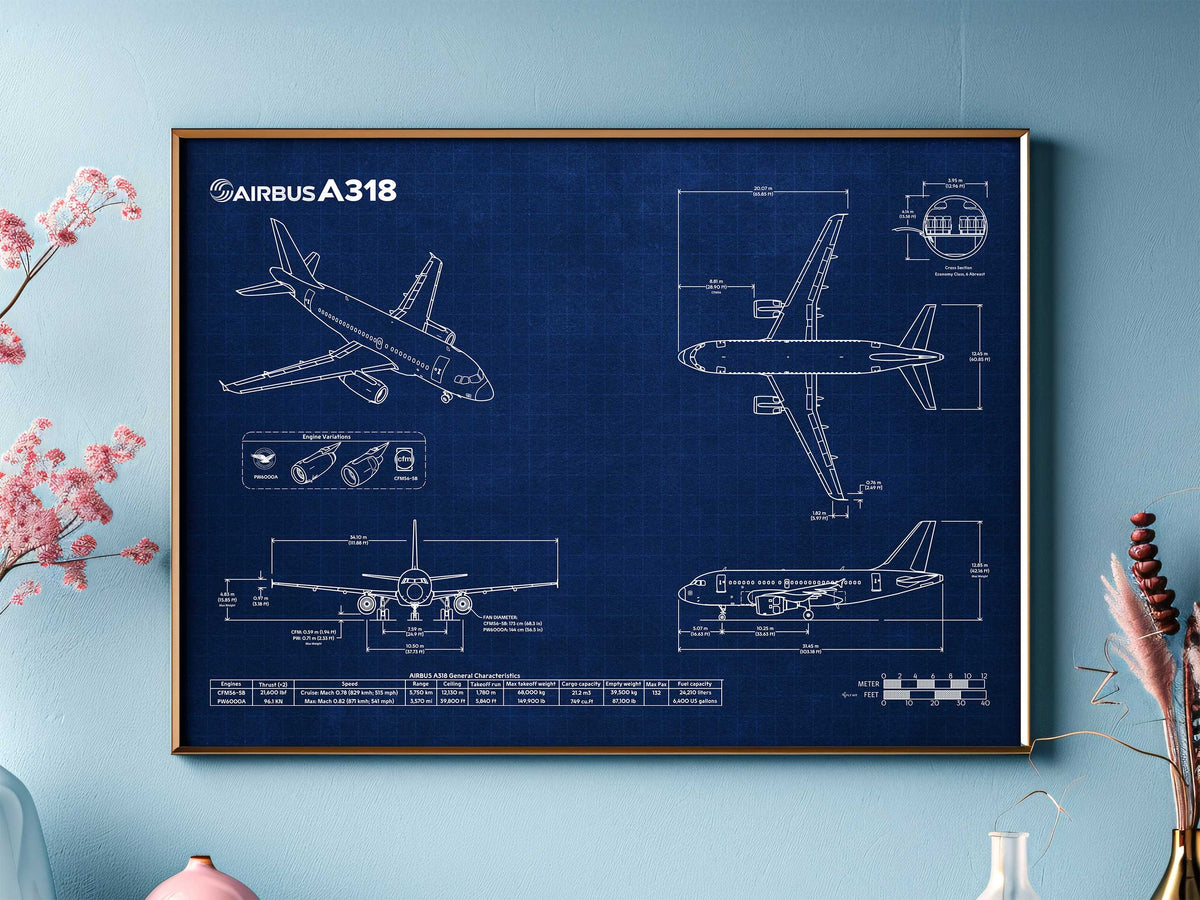 FlyKit Airbus A318 Landscape Blueprint Poster showing detailed aircraft technical drawings on blue background