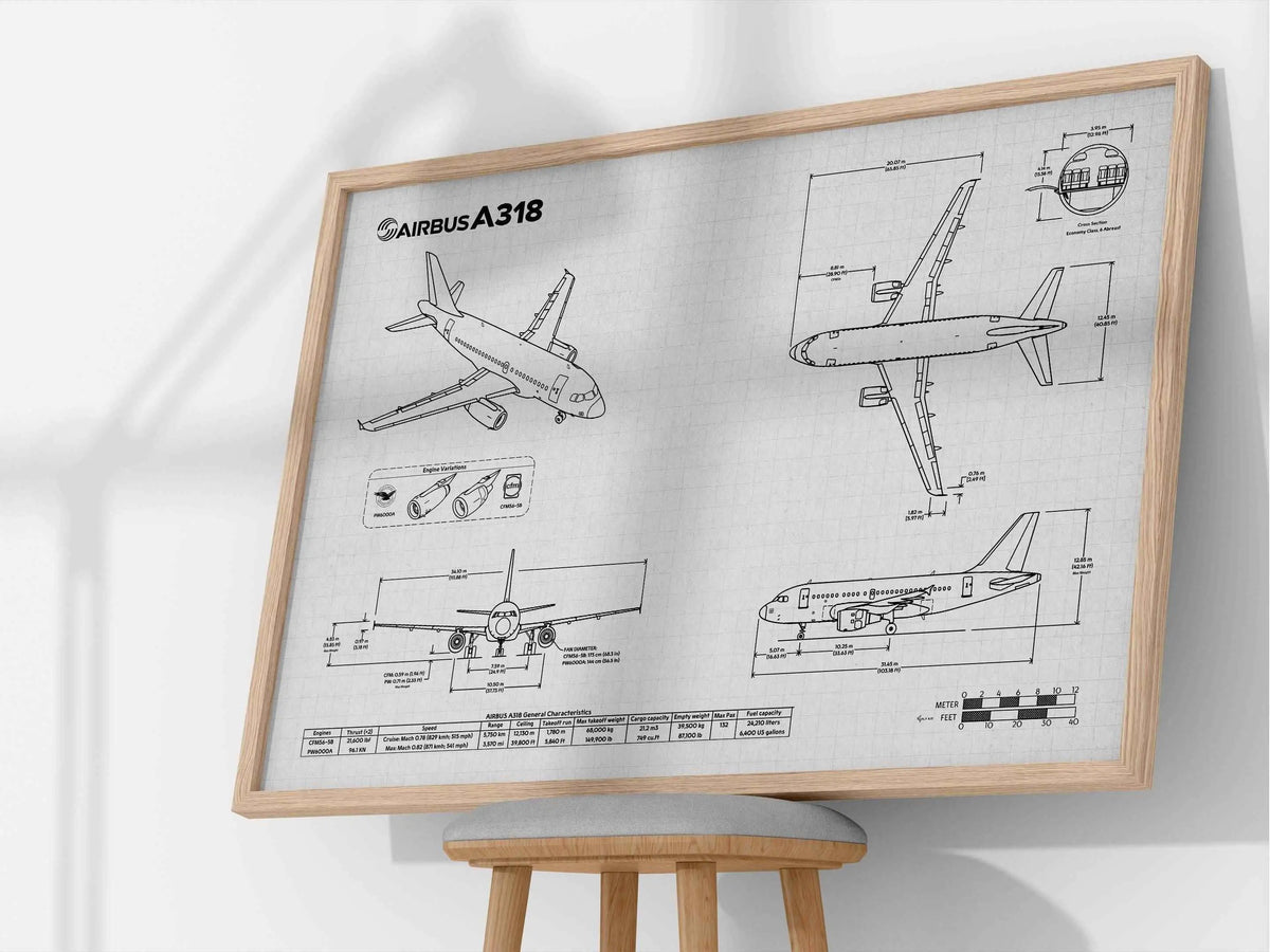 Airbus A318 Landscape Blueprint Poster by FlyKit showing detailed technical aircraft drawings in black and white