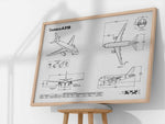Airbus A318 Landscape Blueprint Poster by FlyKit showing detailed technical aircraft drawings in black and white
