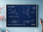 Airbus A320 Landscape Blueprint Poster by FlyKit showing detailed aircraft design in blue and white