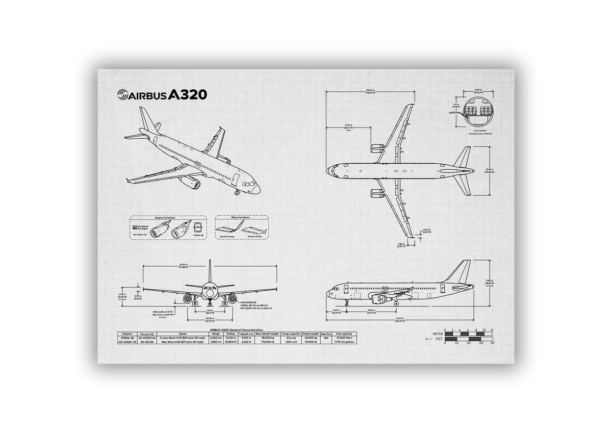 Airbus A320 Landscape Blueprint Poster showing detailed airplane design and dimensions by FlyKit