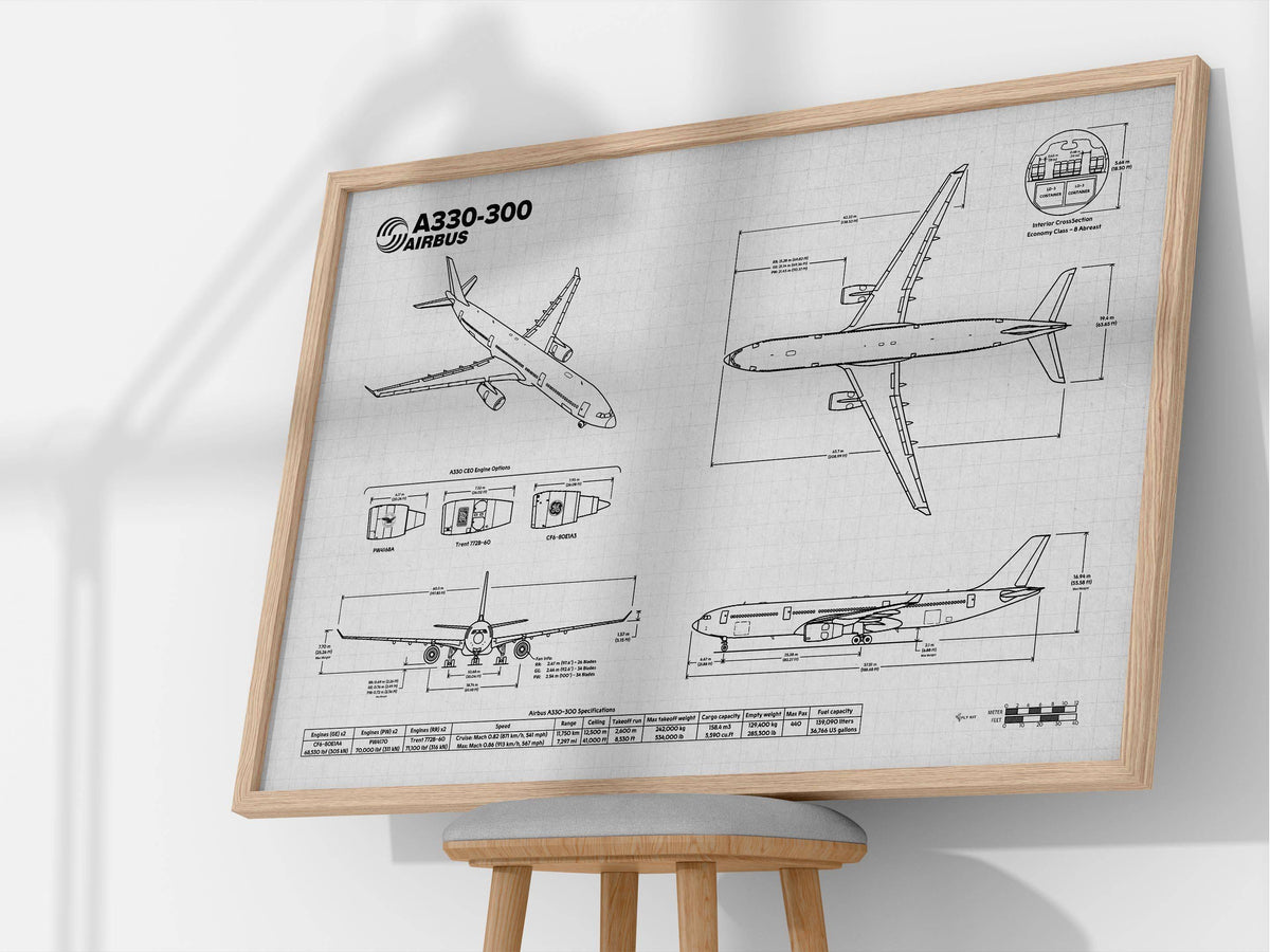 Airbus A330-300 Landscape Blueprint Poster by FlyKit showing detailed aircraft technical drawings in a wooden frame
