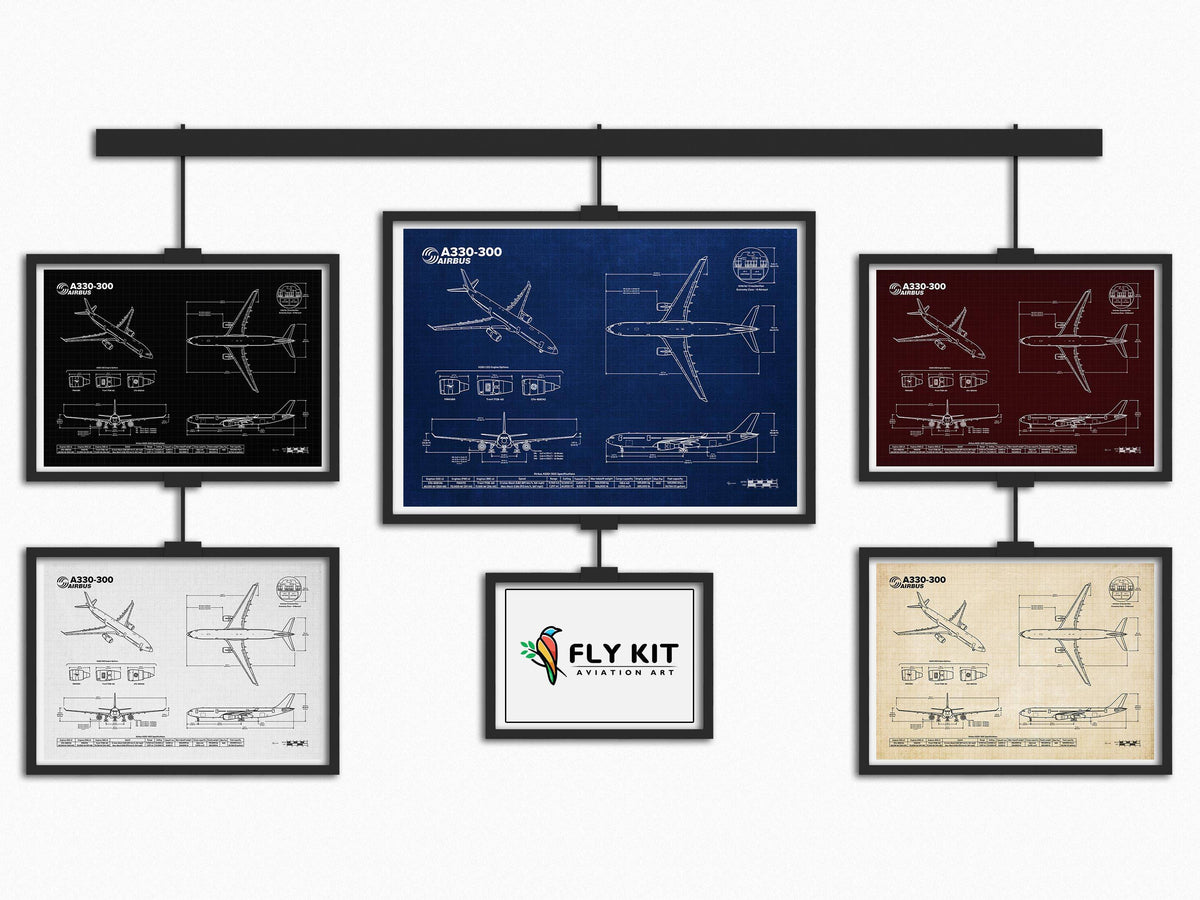 FlyKit Airbus A330-300 Landscape Blueprint Poster in five color options showing detailed aircraft design