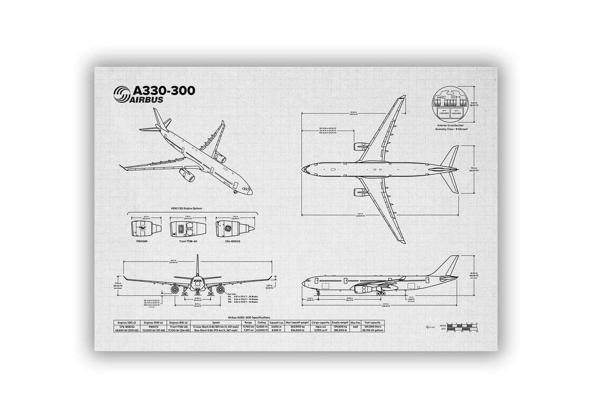 Airbus A330-300 Landscape Blueprint Poster showing technical aircraft design by FlyKit