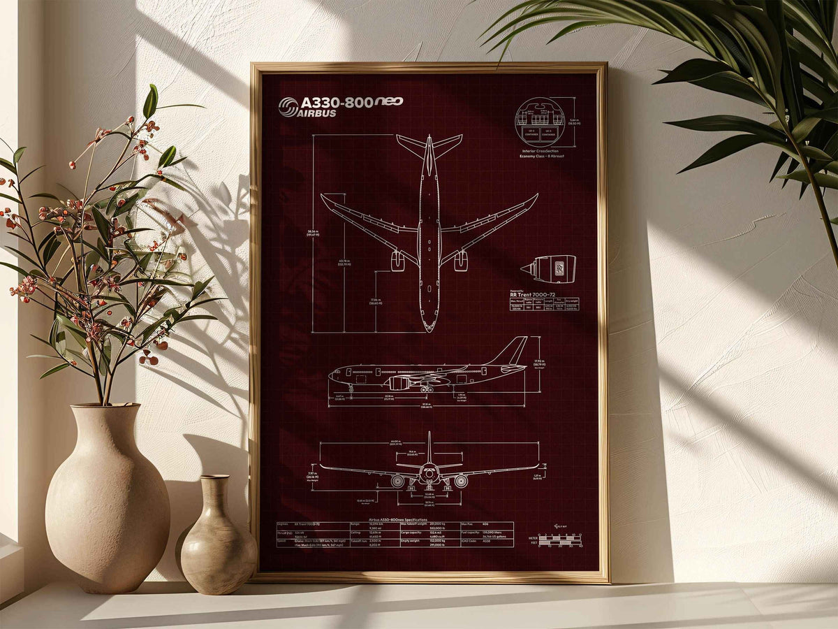 Airbus A330-800 Portrait Blueprint Poster by FlyKit showing detailed aircraft design in white on dark background