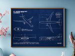 Airbus A330-900 Landscape Blueprint Poster by FlyKit showing detailed aircraft technical drawings on blue background