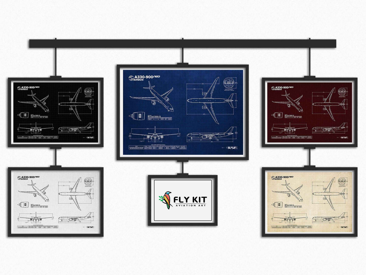 FlyKit Airbus A330-900 Landscape Blueprint Poster collection showing detailed aircraft technical drawings in multiple colors