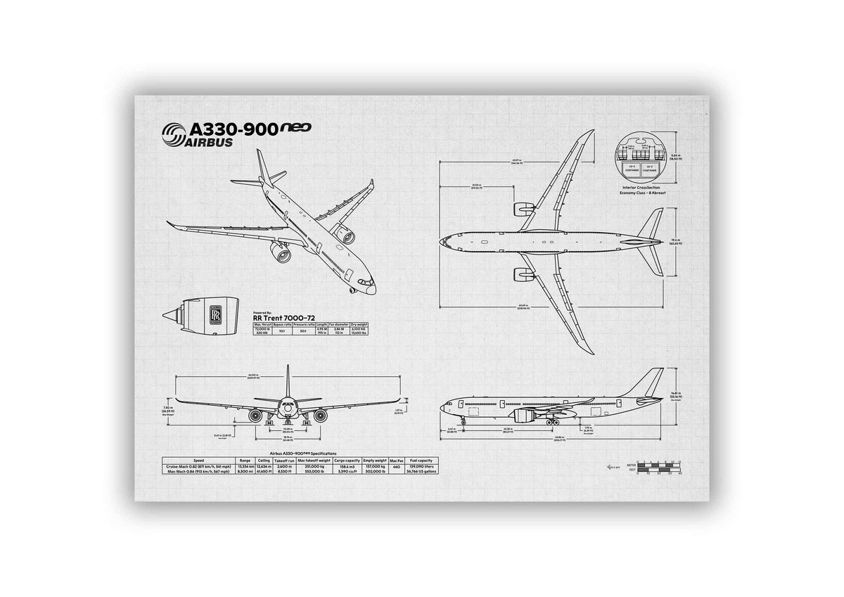 Airbus A330-900 Landscape Blueprint Poster showing detailed technical airplane views and dimensions