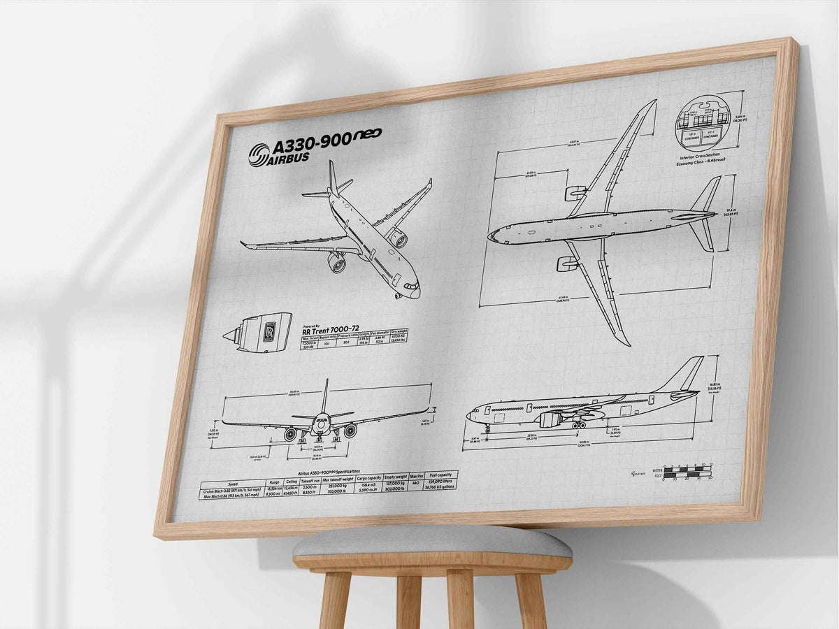 Airbus A330-900 Landscape Blueprint Poster showing detailed technical airplane drawings by FlyKit