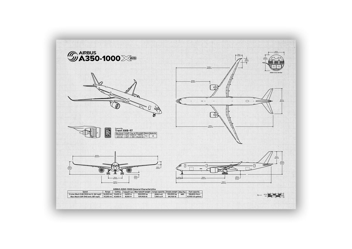 FlyKit Airbus A350-1000 Landscape Blueprint Poster showing detailed technical airplane design