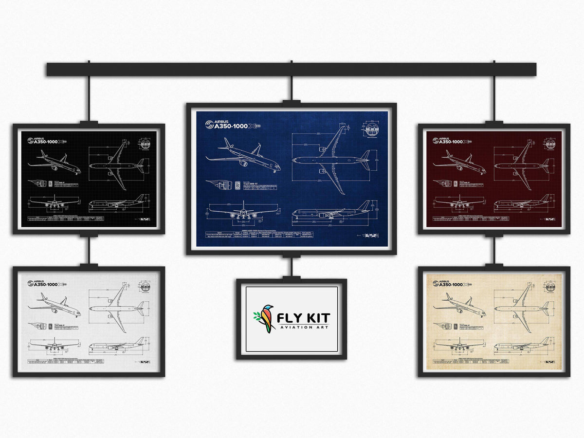 Airbus A350-1000 Landscape Blueprint Poster collection by FlyKit with detailed aircraft designs in multiple colors