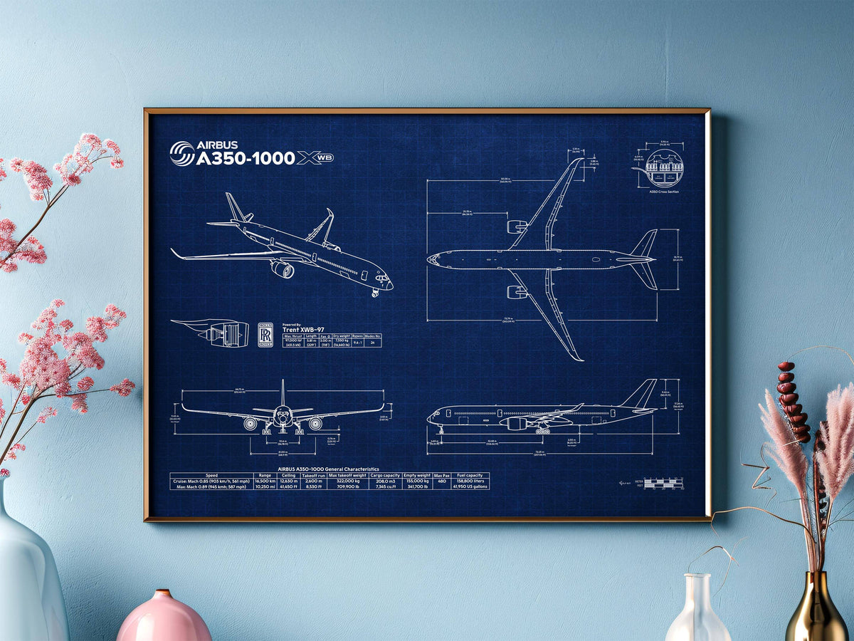 Airbus A350-1000 Landscape Blueprint Poster by FlyKit showing detailed aircraft technical drawings on a blue background