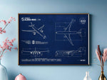 Airbus A350-900 Landscape Blueprint Poster by FlyKit showing detailed aircraft technical drawings on a blue background
