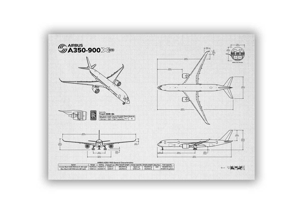 Airbus A350-900 Landscape Blueprint Poster showing detailed technical aircraft drawings by FlyKit