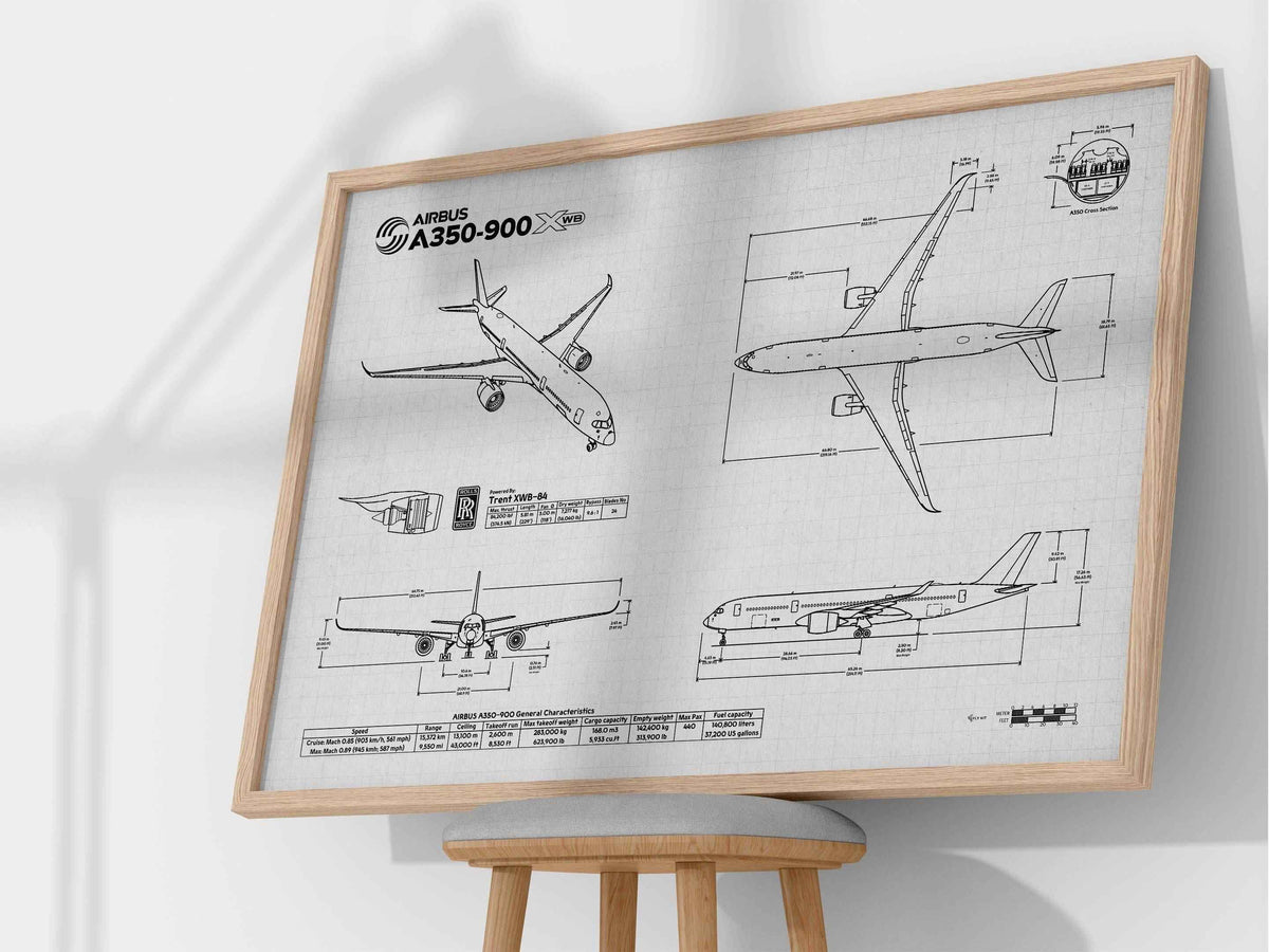 Airbus A350-900 Landscape Blueprint Poster by FlyKit showing detailed aircraft design and dimensions