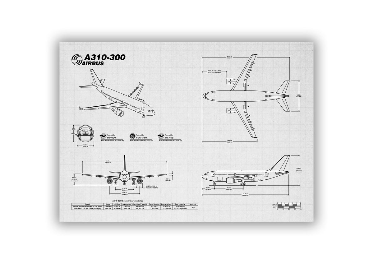 Airbus A310-300 Landscape Blueprint Poster by FlyKit showing detailed technical drawings of the aircraft from multiple angles