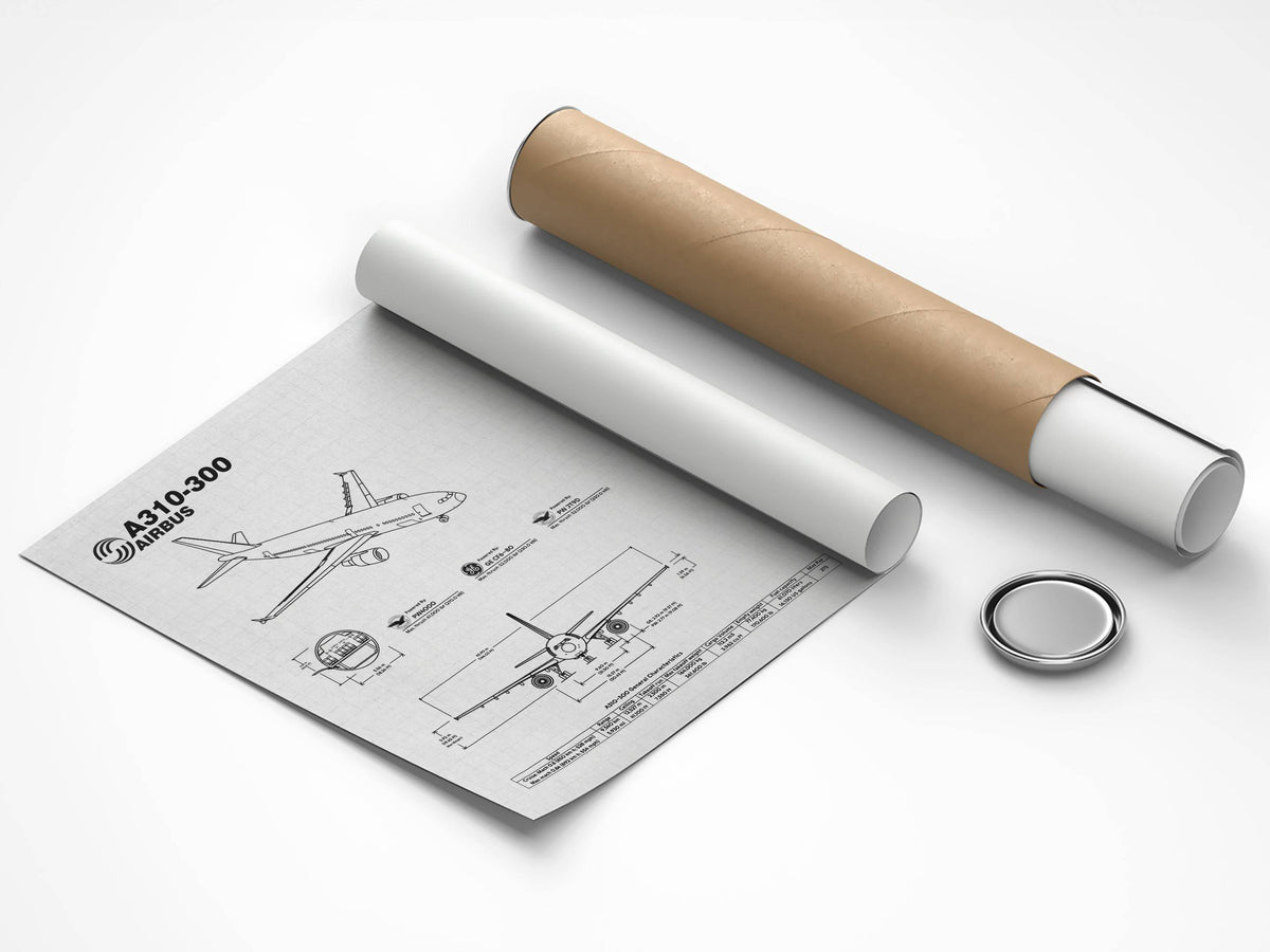 Airbus A310-300 Landscape Blueprint Poster by FlyKit showing technical aircraft drawings with packaging tube and lid