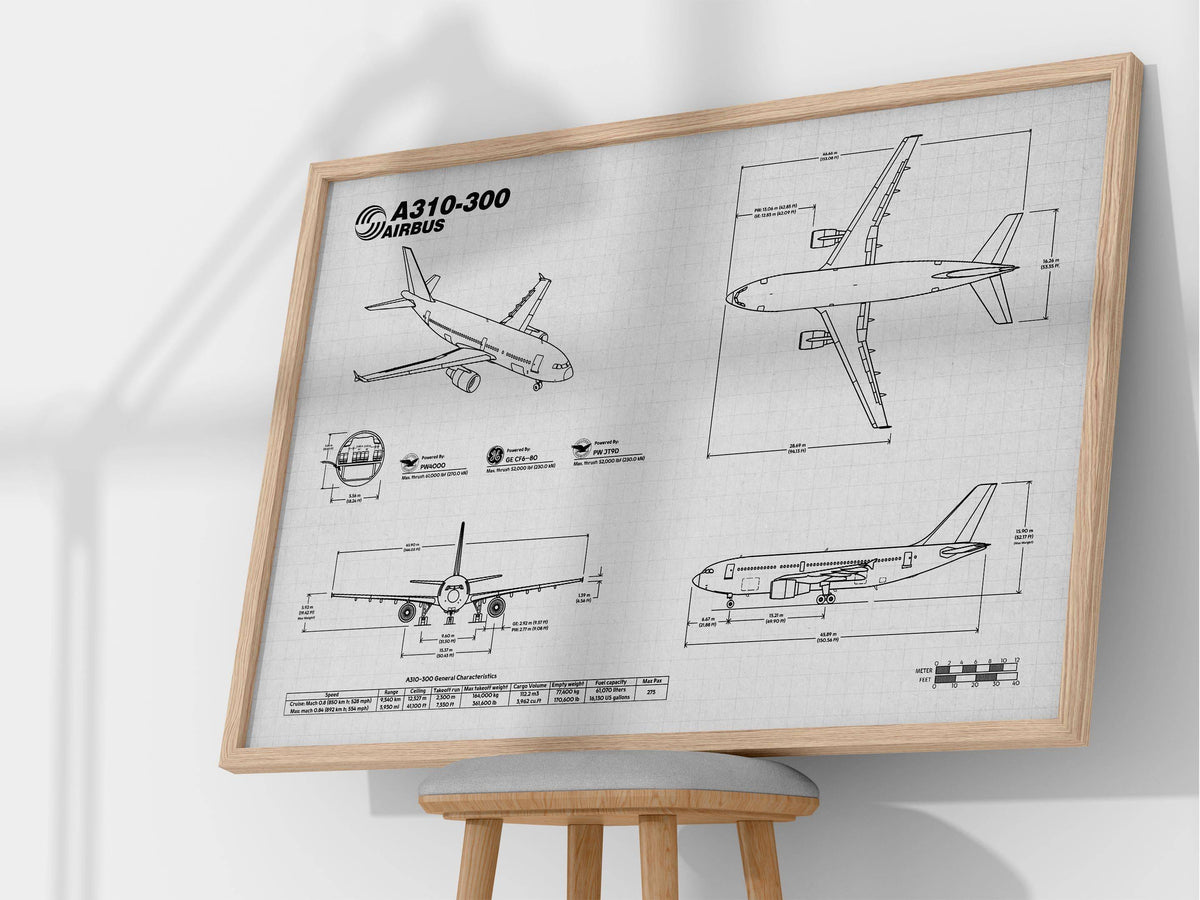 Airbus A310-300 Landscape Blueprint Poster by FlyKit showing detailed aircraft technical drawings