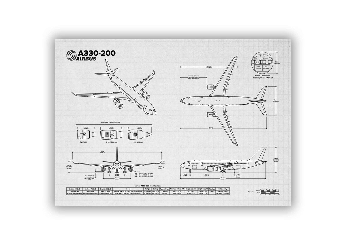 FlyKit Airbus A330-200 Landscape Blueprint Poster showing detailed technical aircraft schematic views