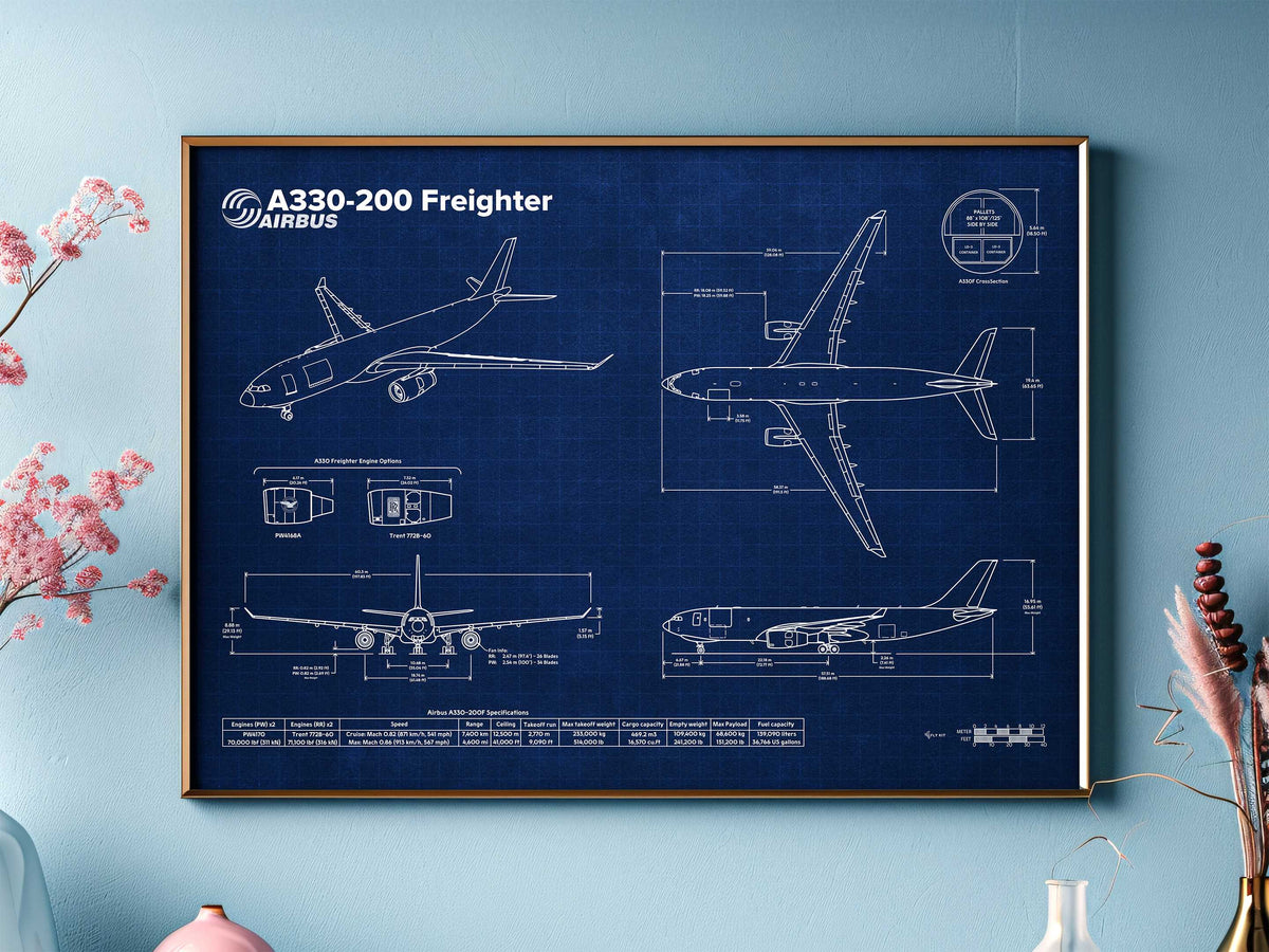 FlyKit Airbus A330-200F Landscape Blueprint Poster showing detailed white aircraft technical drawings on blue background