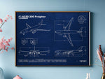 FlyKit Airbus A330-200F Landscape Blueprint Poster showing detailed white aircraft technical drawings on blue background