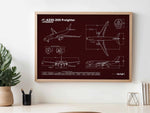 Airbus A330-200F Landscape Blueprint Poster by FlyKit showing detailed aircraft design in a wooden frame