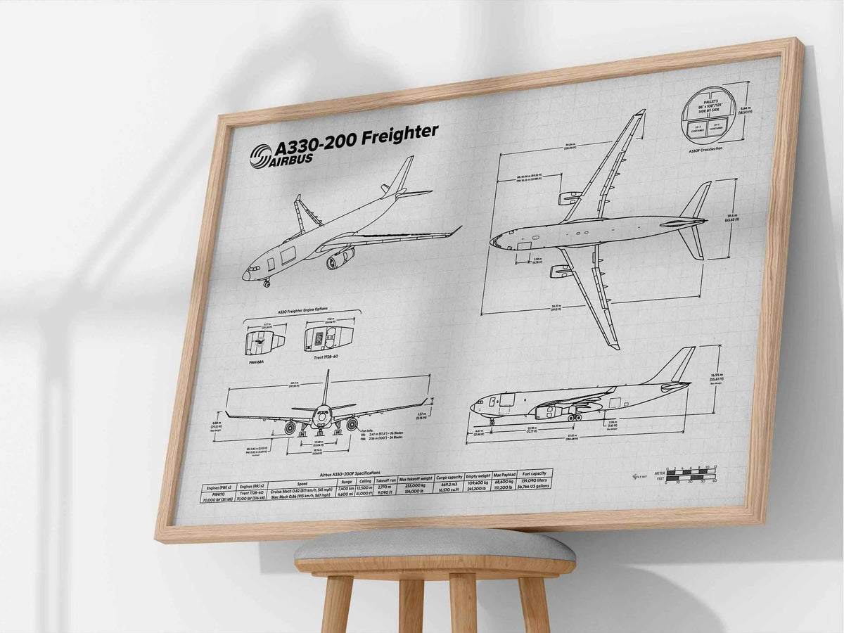 Airbus A330-200F Landscape Blueprint Poster by FlyKit showing detailed aircraft schematics in a wooden frame