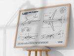 Airbus A330-200F Landscape Blueprint Poster by FlyKit showing detailed aircraft schematics in a wooden frame