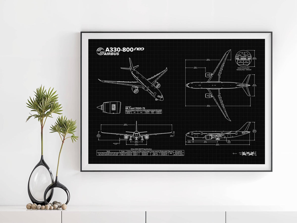 FlyKit Airbus A330-800 Landscape Blueprint Poster with detailed aircraft technical drawings in black and white
