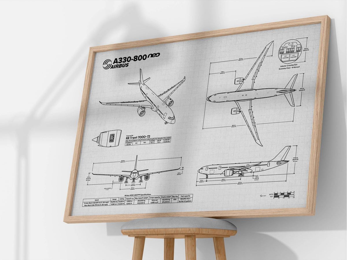 Airbus A330-800 Landscape Blueprint Poster by FlyKit showing detailed aircraft design and measurements