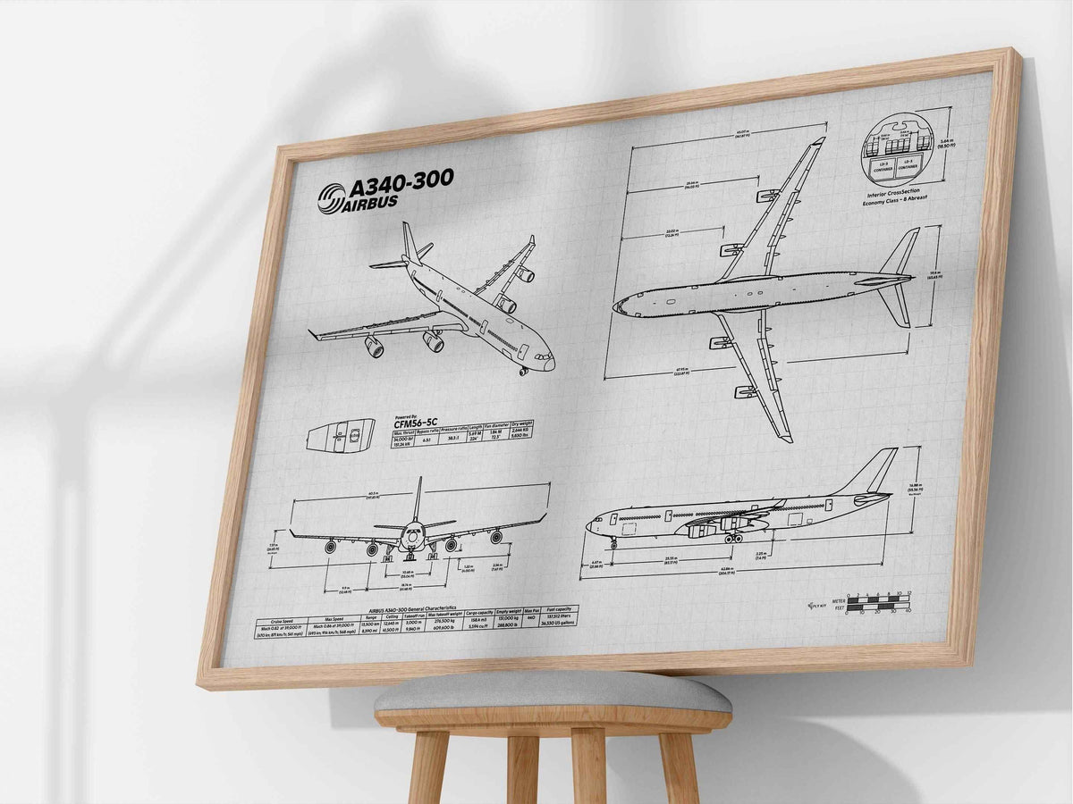 FlyKit Airbus A340-300 Landscape Blueprint Poster showing detailed aircraft technical drawings in a wooden frame