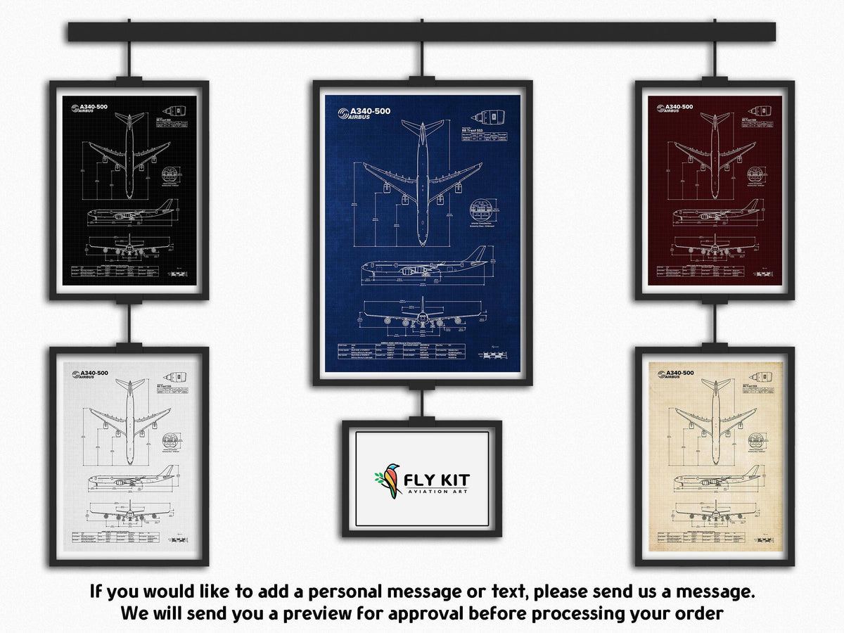 Airbus A340-500 Portrait Blueprint Poster collection by FlyKit showcasing detailed aircraft technical drawings in multiple colors