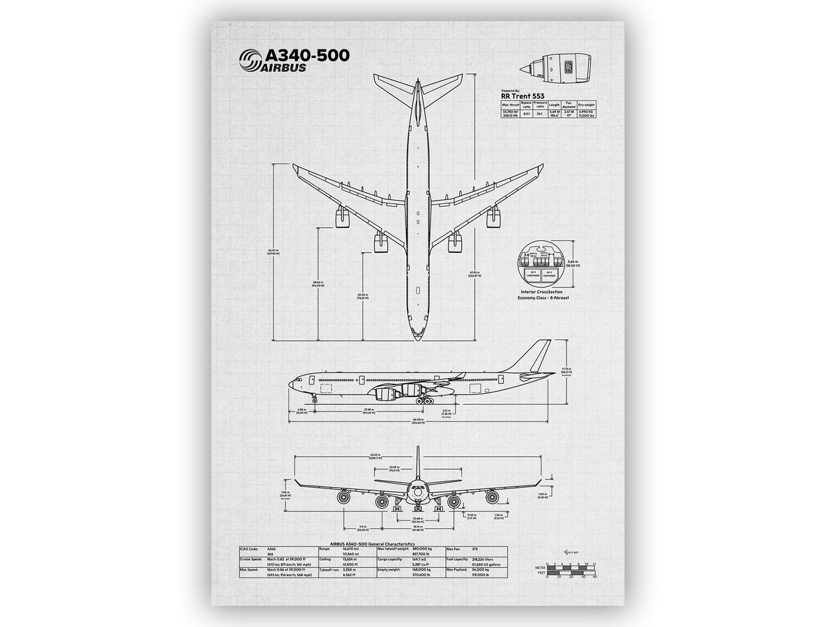 Airbus A340-500 Portrait Blueprint Poster by FlyKit showing detailed aircraft technical drawings and measurements