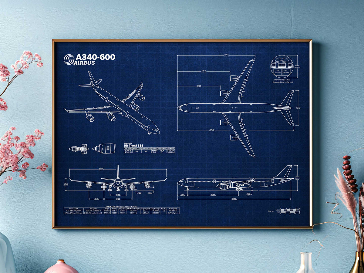 Airbus A340-600 Landscape Blueprint Poster by FlyKit showing detailed technical aircraft design