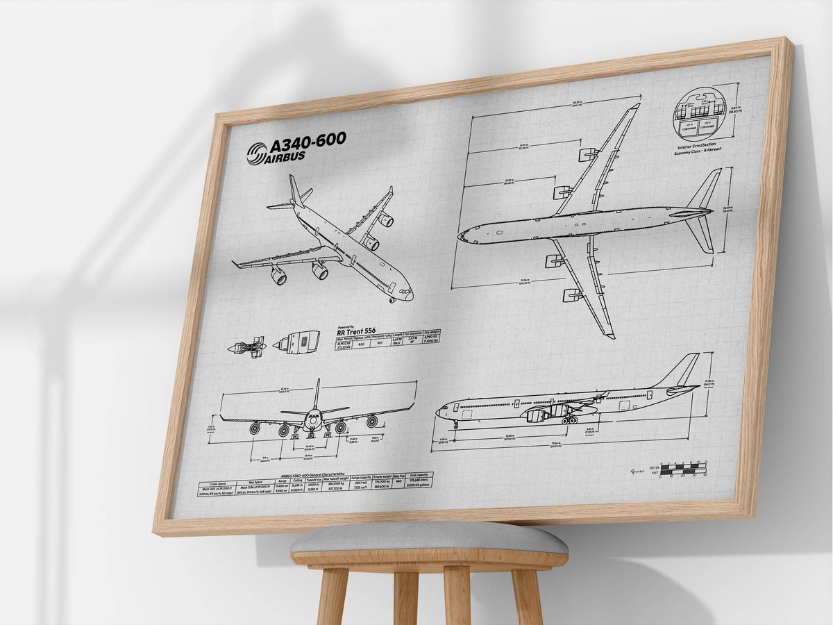 Airbus A340-600 Landscape Blueprint Poster by FlyKit showing detailed aircraft technical drawings