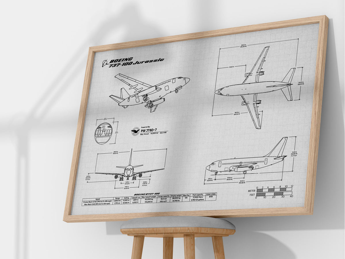 FlyKit Boeing B737-100 Landscape Blueprint Poster showing detailed technical aircraft drawings in a wooden frame