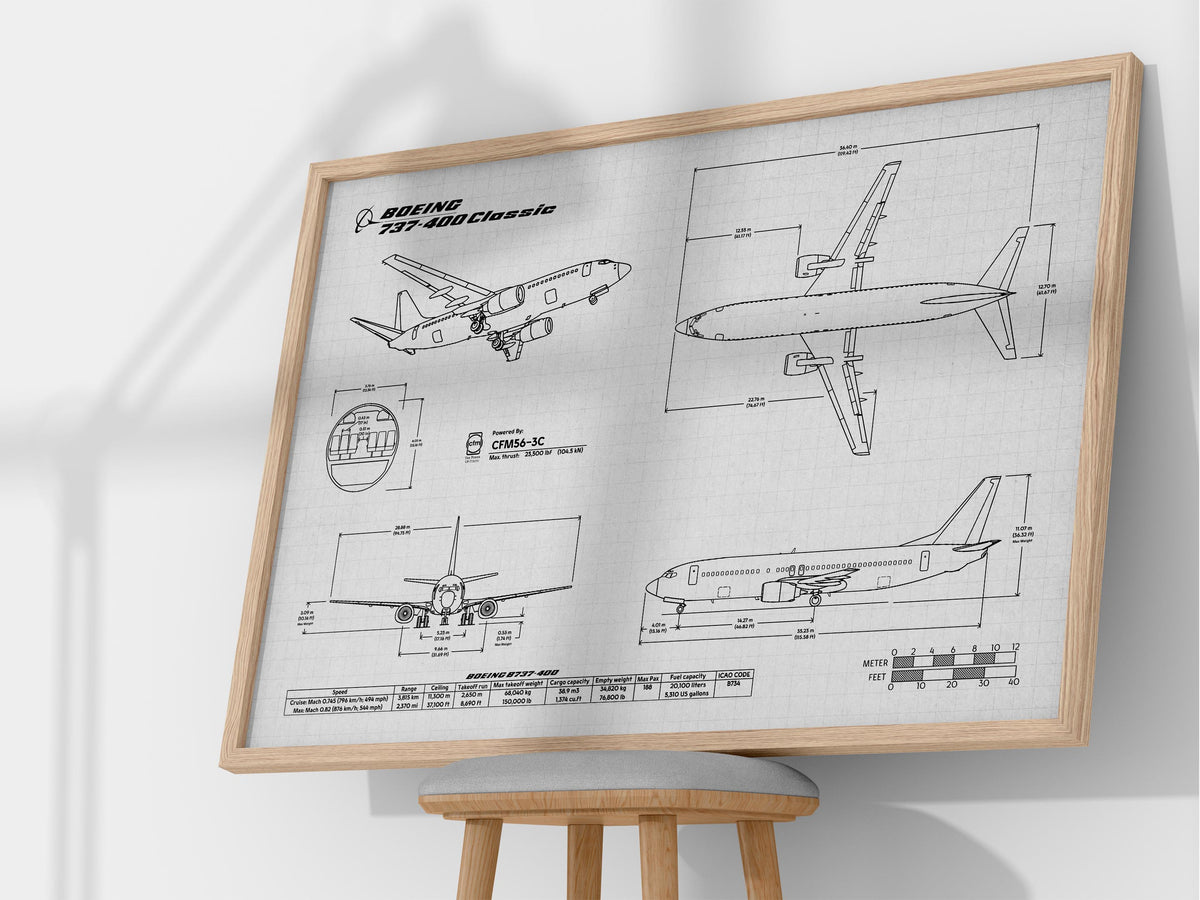 Boeing B737-400 Landscape Blueprint Poster by FlyKit showing detailed aircraft design drawings