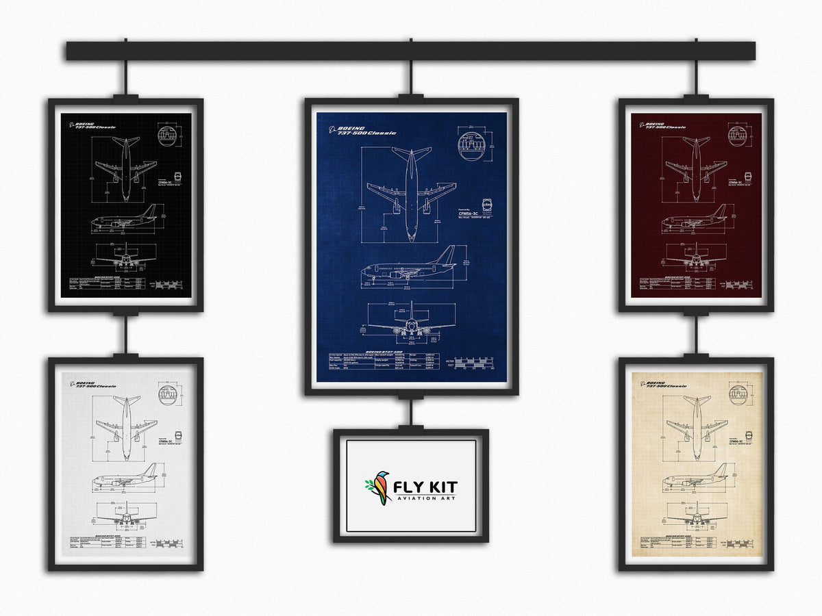 Boeing B737-500 Portrait Blueprint Poster collection by FlyKit featuring detailed aircraft design prints in multiple colors
